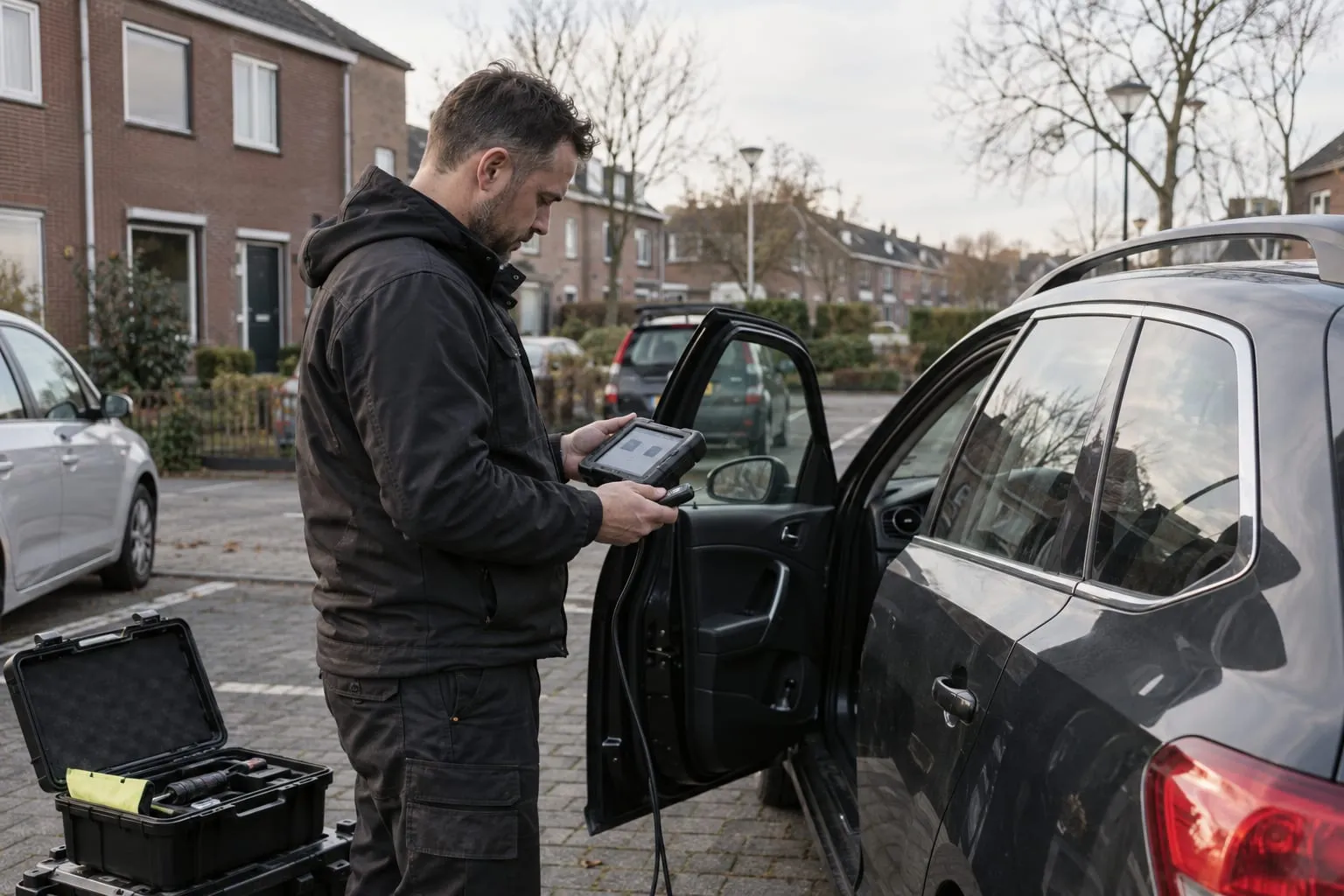 Monteur programmeert een autosleutel met een diagnoseapparaat naast een auto