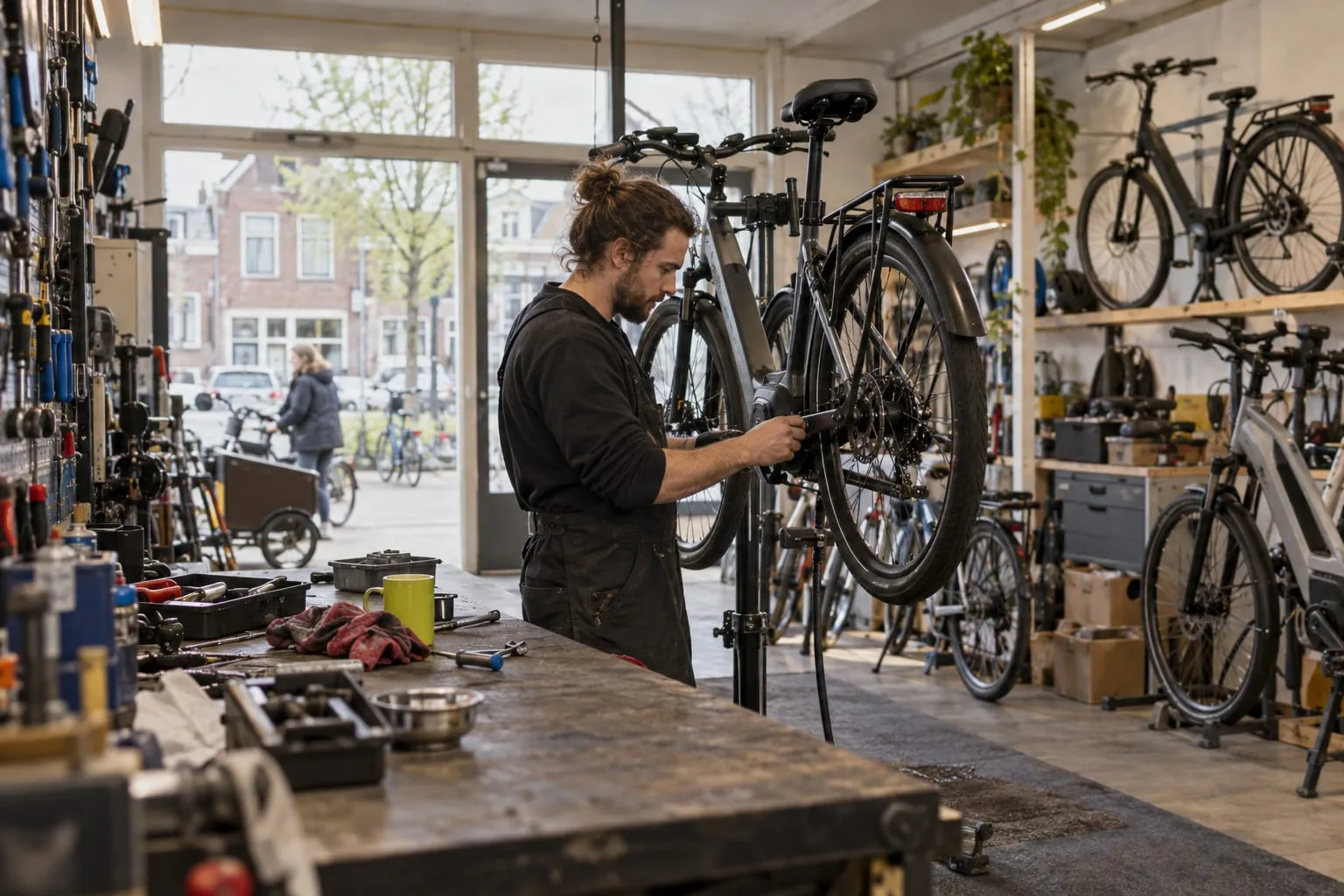 Monteur stelt een elektrische fiets af in een e-bike winkel