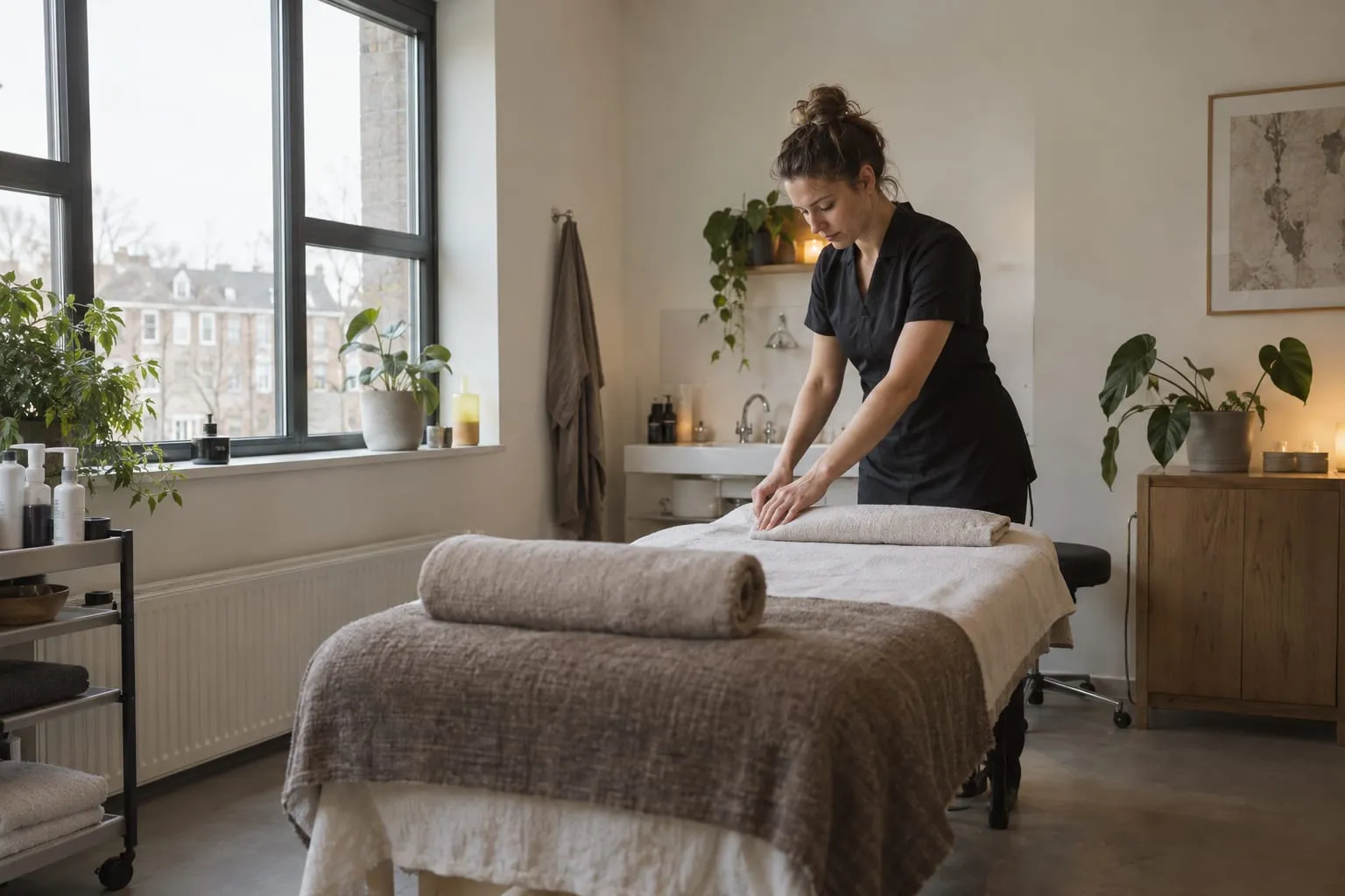Behandelaar bereidt een behandeltafel voor in een kliniek voor lichaamsbehandelingen