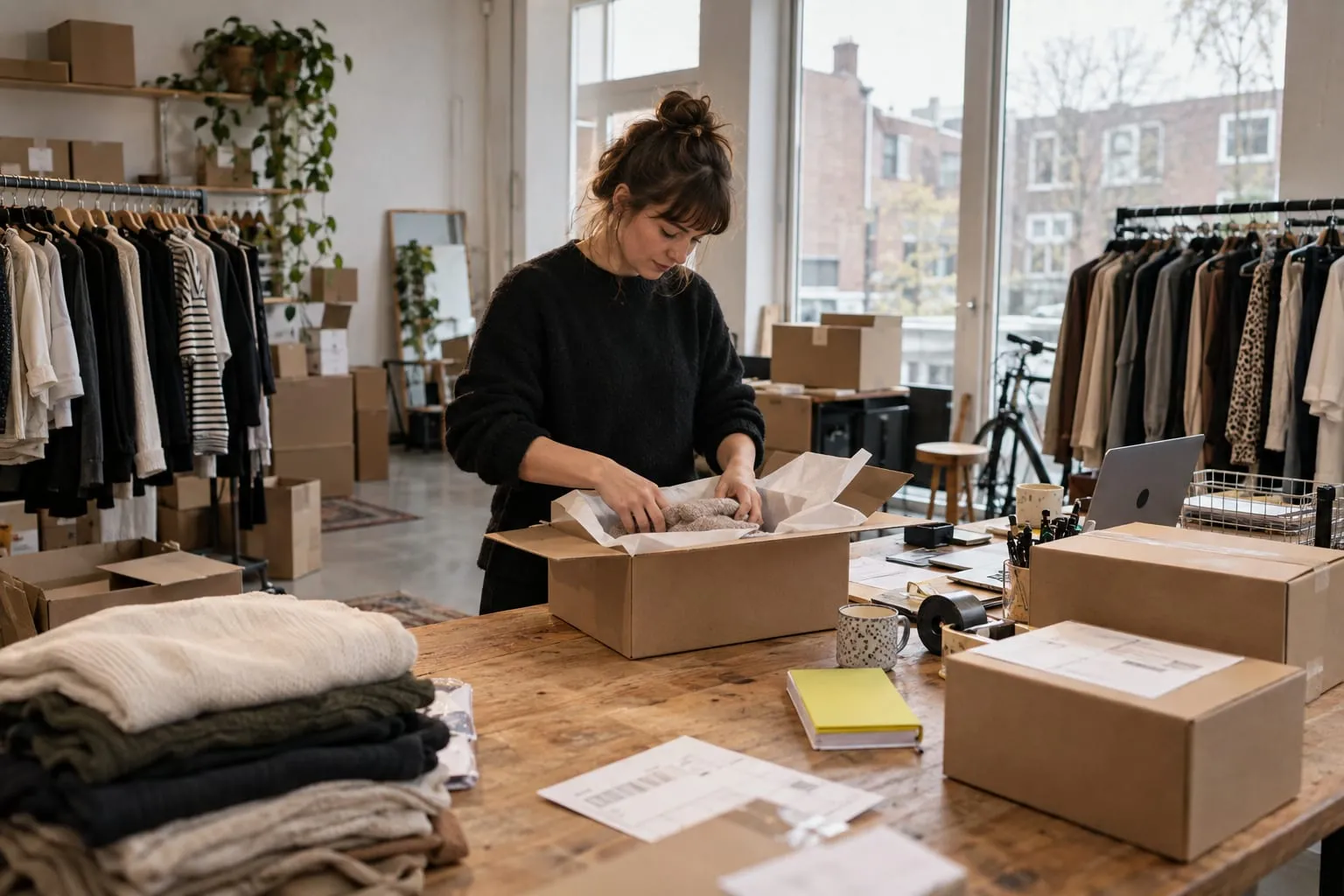 Ondernemer verpakt bestellingen tussen kledingrekken in een modewebshop-magazijn