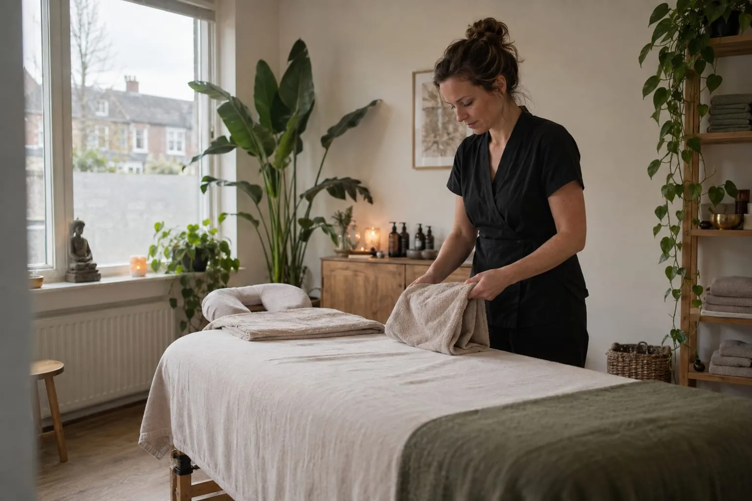 Massagetherapeut maakt een behandeltafel klaar in een rustige massagesalon