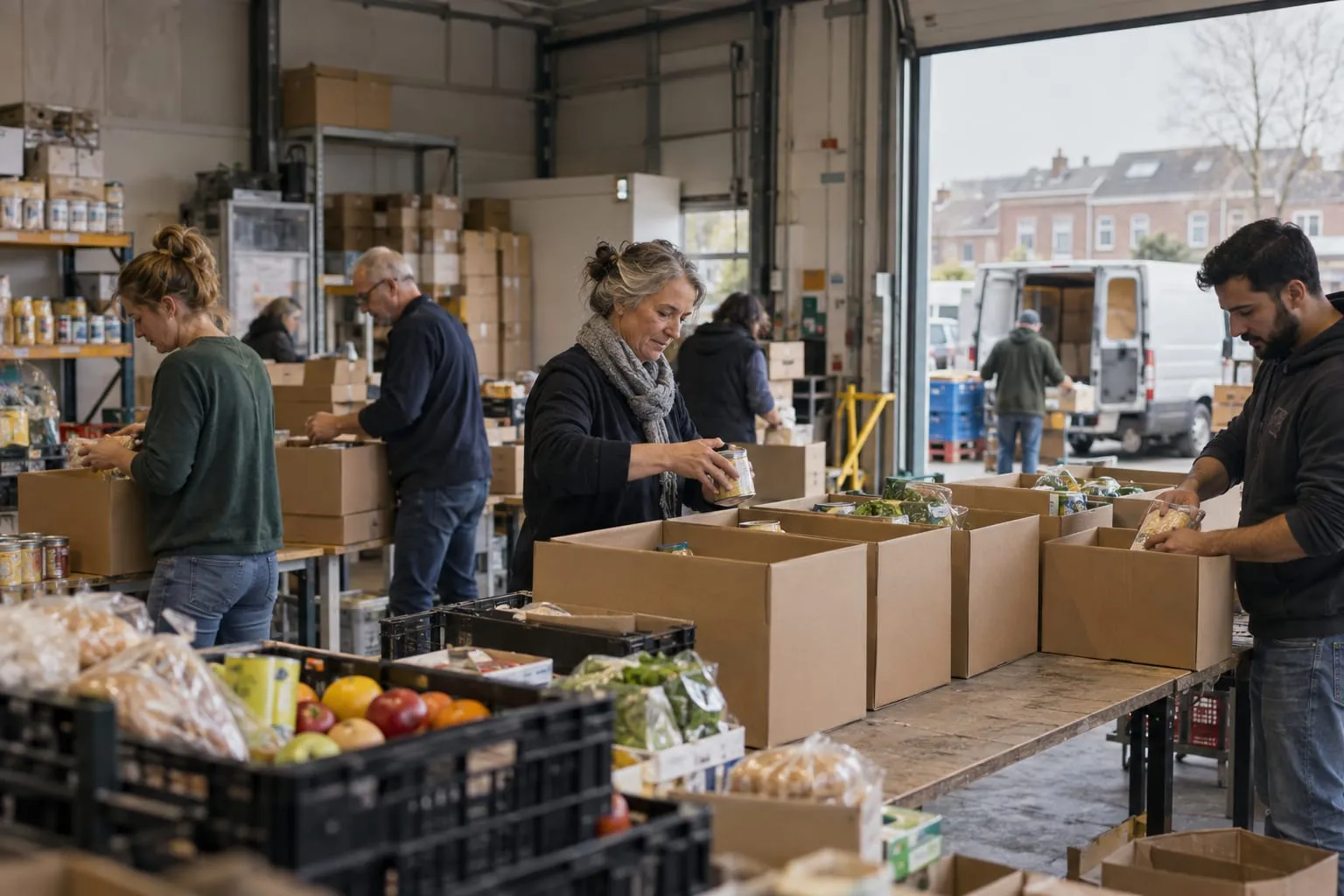 Vrijwilligers bij een voedseluitgifte dat BLURR ondersteunt