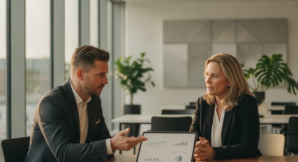 Raphael Krolis bespreekt B2B campagnestrategie met klant aan bureau bij BLURR Marketing in Almere