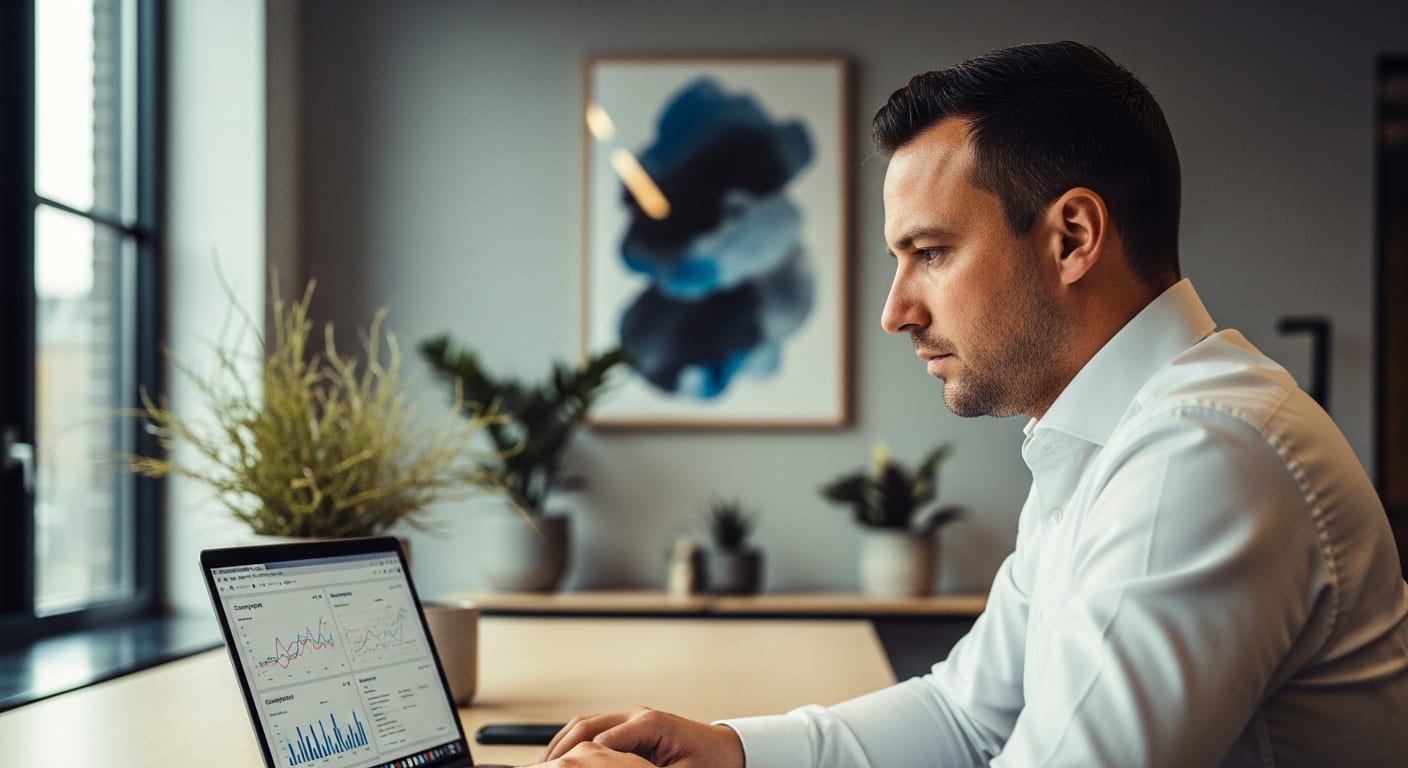 Raphael Krolis bekijkt Meta Ads campagnedata op een laptop bij BLURR Marketing kantoor in Almere