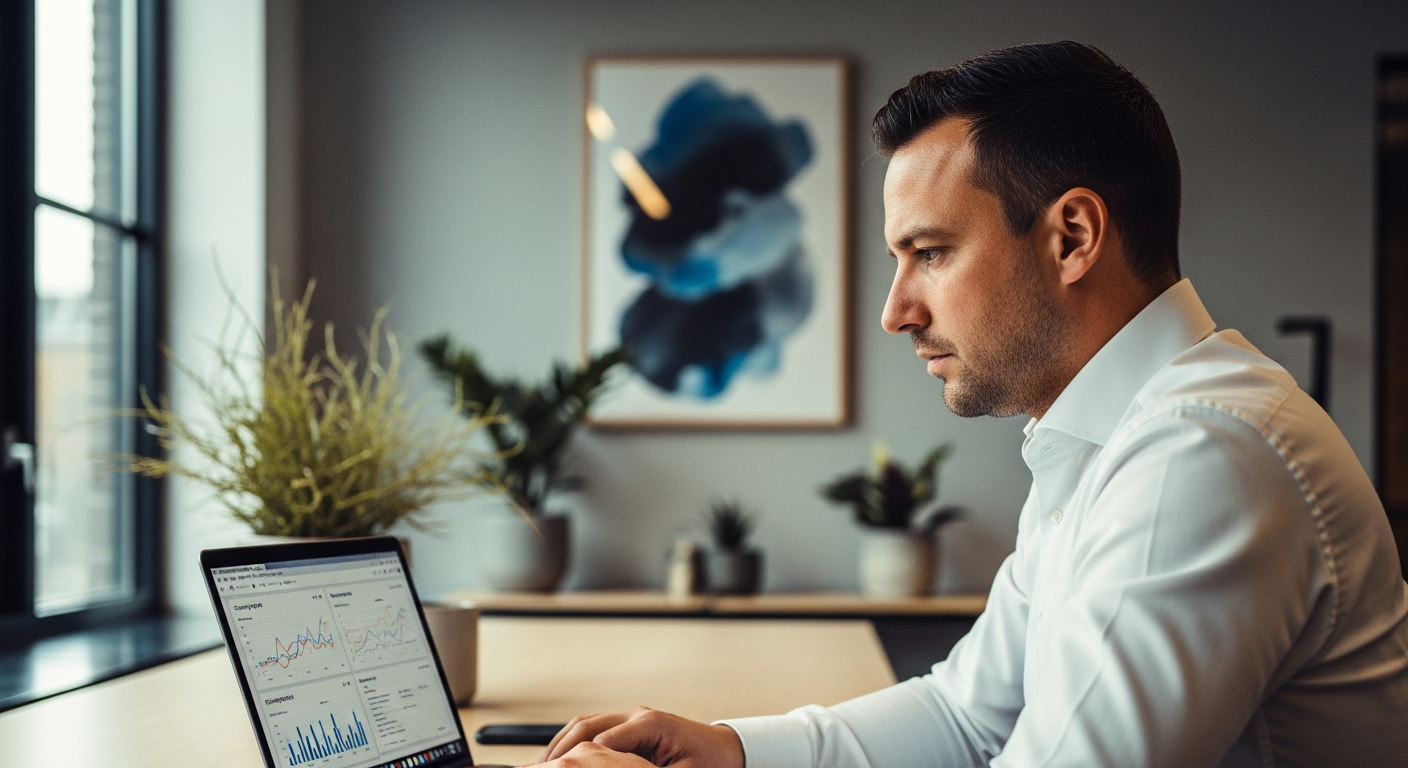 Raphael Krolis bekijkt Meta Ads campagnedata op een laptop bij BLURR Marketing kantoor in Almere