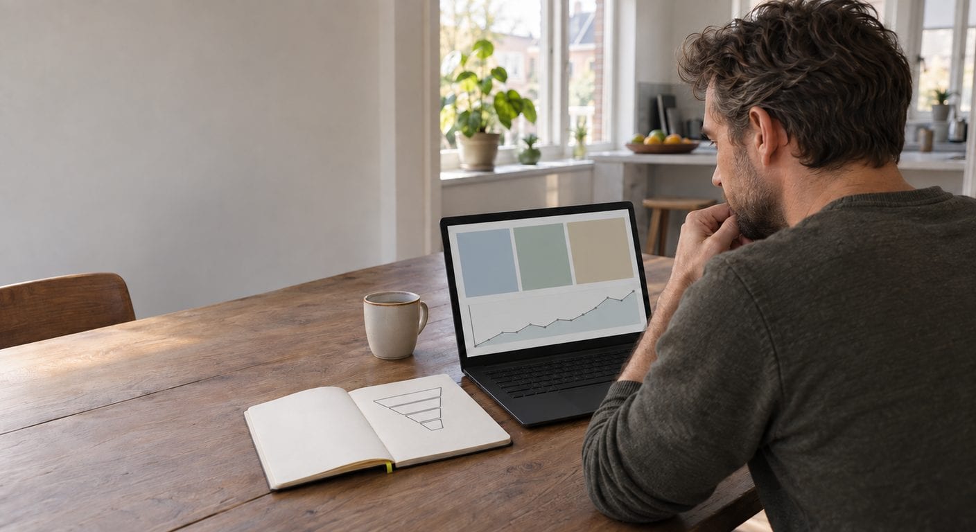 Ondernemer werkt aan een keukentafel een Google Ads campagne-opzet uit op een laptop