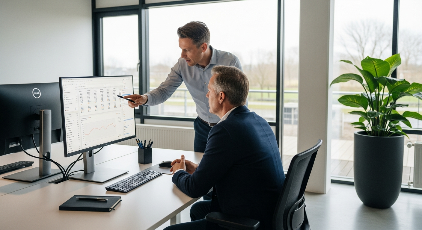 Google Ads specialist Raphael Krolis bespreekt campagnestrategie met een klant op kantoor in Almere