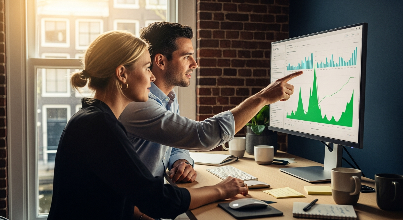 Marketeer volgt Google Ads training achter laptop met campagne-dashboard open
