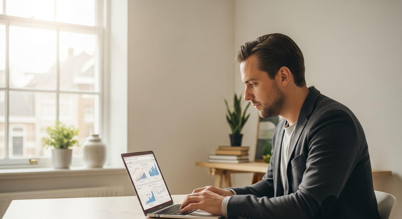 Raphael Krolis van BLURR Marketing analyseert campagneresultaten op een laptop in een lichte werkruimte