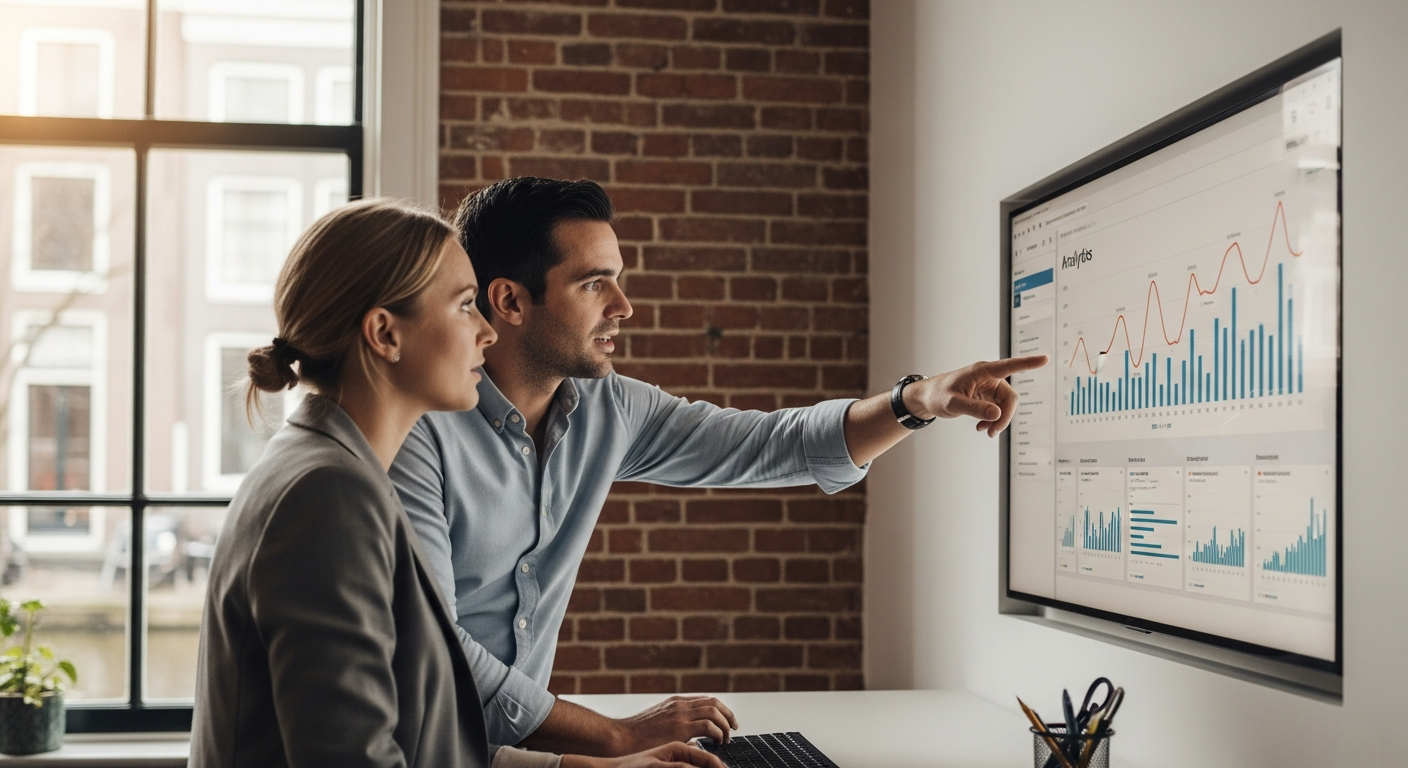 Ondernemer bestudeert online marketing resultaten op laptop in modern kantoor