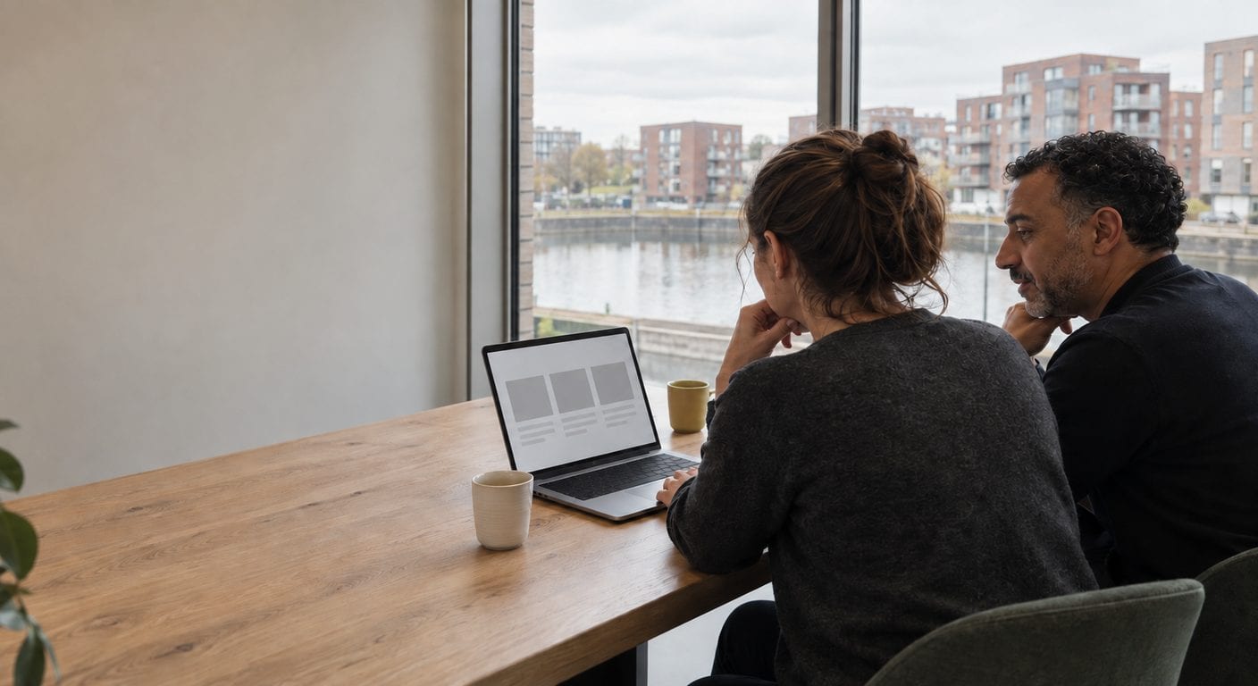 Twee marketeers overleggen over SEO aan een tafel met uitzicht op nieuwbouw in Almere