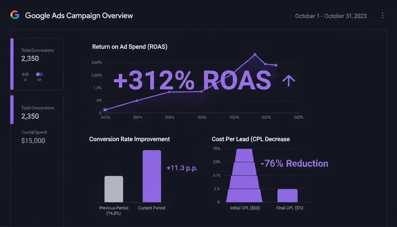 BLURR Google Ads dashboard met campagneresultaten en stijgende ROAS